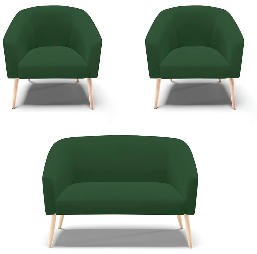Namoradeira e 2 Poltronas Pé Palito Natural Stella Veludo Verde D03 - D'Rossi