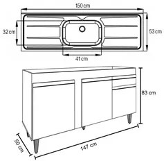 Balcão Gabinete com Pia Inox 150cm 3 Portas 1 Gaveta Dakota Branco/Pre