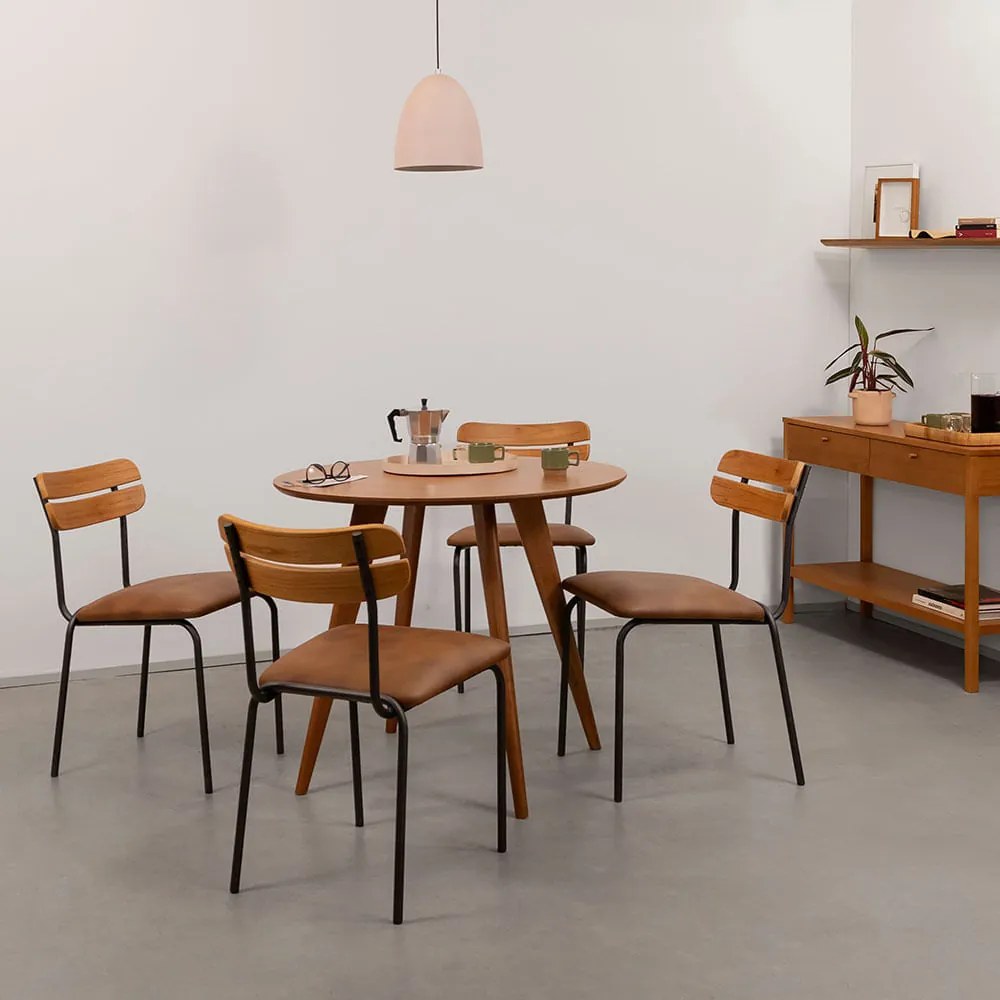Conjunto Mesa de Jantar Square Laminada Redonda Natural - 88cm + 4 Cadeiras Ribs - Caramelo
