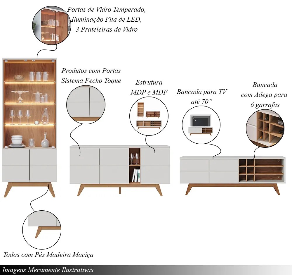 Conjunto Sala de Estar completo Cristaleira Buffet Aparador Mesa de Centro e Bancada Decorativa Sancho Off White G73 - Gran Belo