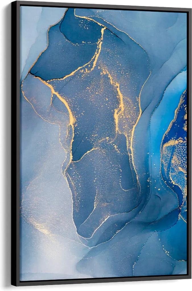 Quadro 90x60cm Abstrato Resina Azul e Dourado Freyr Canvas Moldura Flutuante Preta