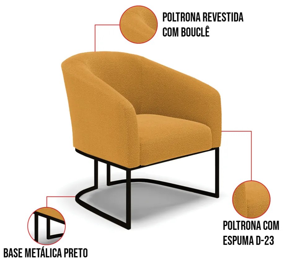 Poltrona Para Sala Industrial Preto Kit 2 Stella Bouclê Mostarda D03 - D'Rossi