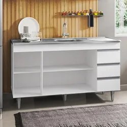 Balcão Gabinete com Pia Inox 150cm 3 Portas 3 Gavetas Andréia Branco -