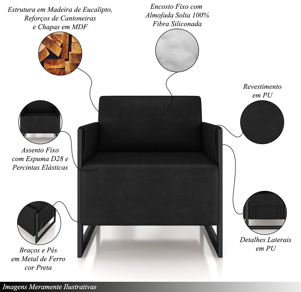 Kit 2 Poltronas Decorativa Sala de Estar Moria Base em Ferro Pu Preto G33 - Gran Belo