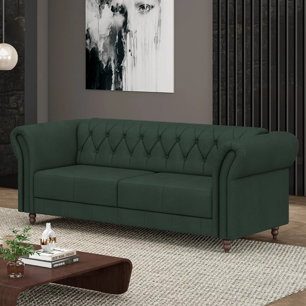 Sofá Living Sala de Estar Stanford Chesterfield 2 Lugares 220cm Pés de Madeira Couro Verde G58 - Gran Belo