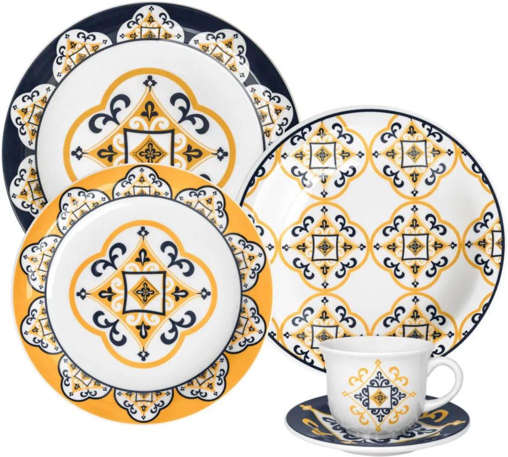 Aparelho de Jantar e Chá Oxford Porcelana Floreal SÁo Luís 30 pçs Branco/Azul/Amarelo