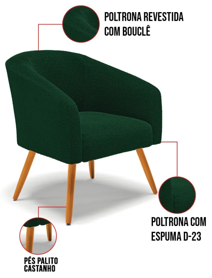 Poltrona Para Sala Pé Palito Castanho Kit 2 Stella Bouclê D03 - D'Rossi - Verde