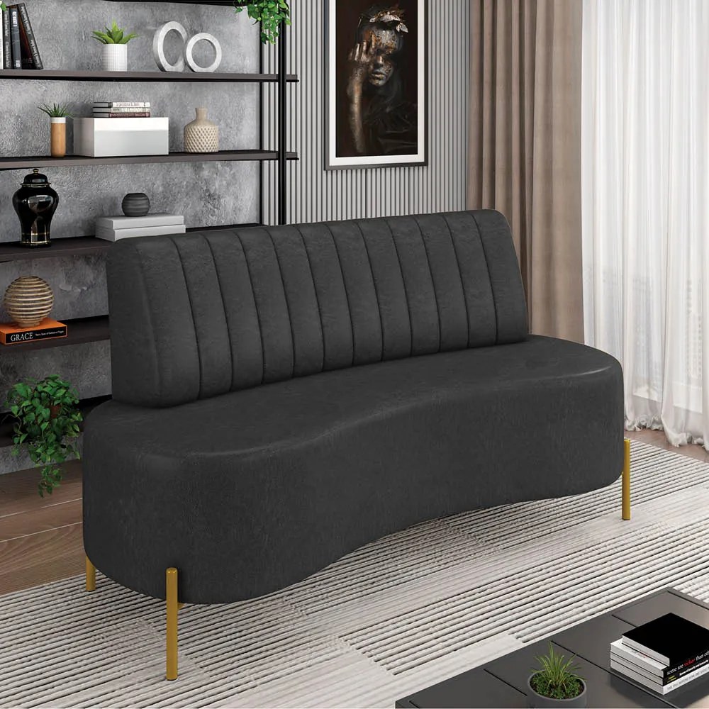 Sofá 2 Lugares Living 135cm Pé Ferro Dourado Maraú Sint PU Preto K01 - D'Rossi