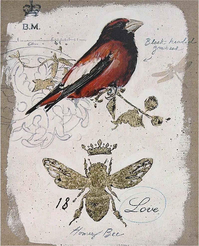 Tela Pássaro Vermelho Linho Oldway - 50x40 cm