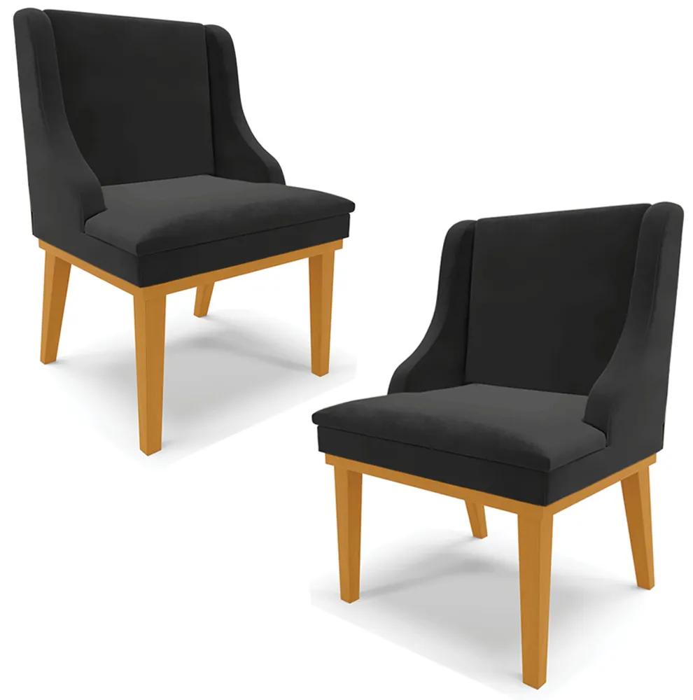 Kit 2 Cadeiras Decorativas Sala de Jantar Base Fixa de Madeira Firenze Veludo Preto/Castanho G19 - Gran Belo