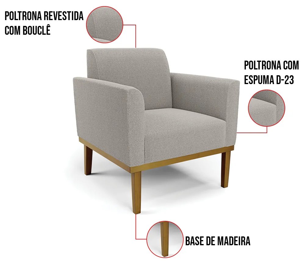 Poltrona Sala Base Madeira Castanho Kit 2 Marisa Bouclê Cinza D03 - D'Rossi