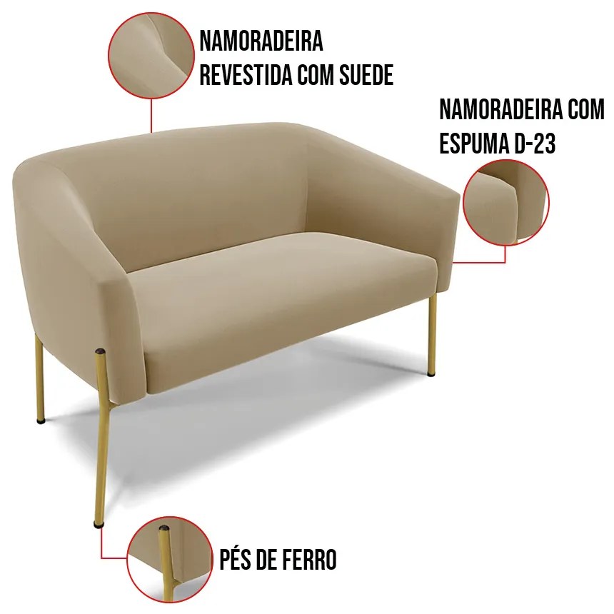 Sofá 2 Lugares Namoradeira Pé de Ferro Dourado Stella Suede D03 - D'Rossi - Marrom Rato