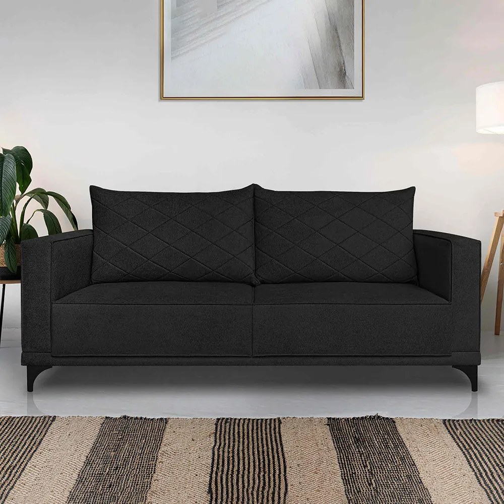 Sofá Living 2 Lugares com Pés de Ferro Almofadas Soltas 180cm Neso Bouclê Preto G63 - Gran belo