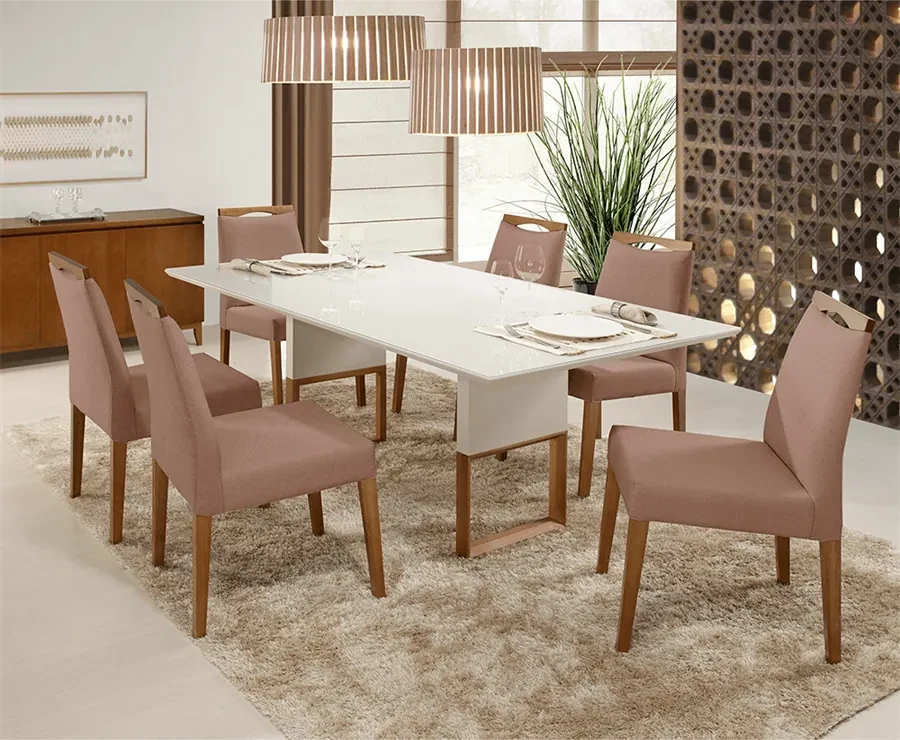 Conjunto Sala de Jantar Mesa Bonnie com 6 Cadeiras Medalhão Palha - Wood  Prime 38716