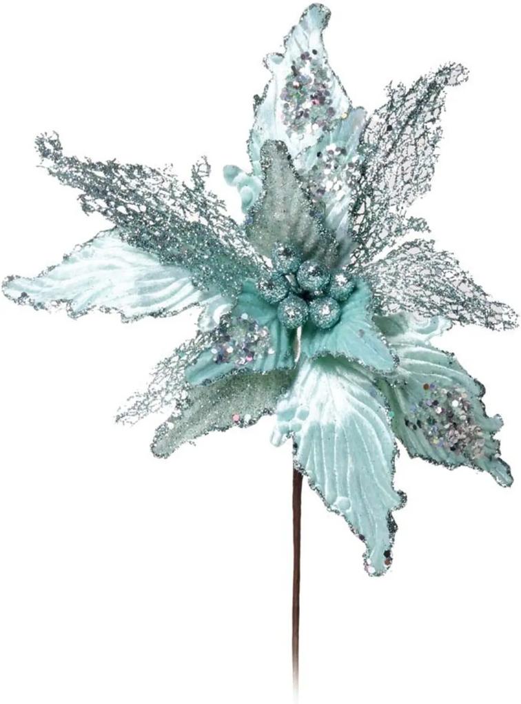 Flor artificial decoração natal poinsetia glitter azul clara