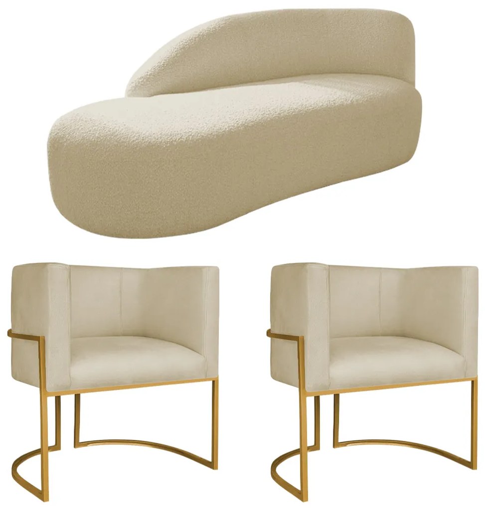 Kit Divã Luna 185cm Lado Esquerdo e 02 Poltronas Base de Ferro Dourado Suede