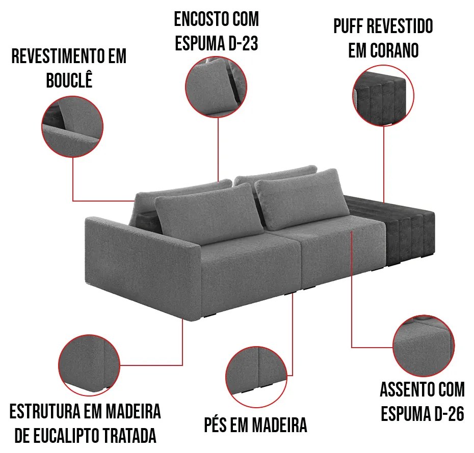 Sofá Ilha 2 Lugares Living 232cm Modulado Sala Lary Bouclê/PU Pto K01 - D'Rossi - Cinza