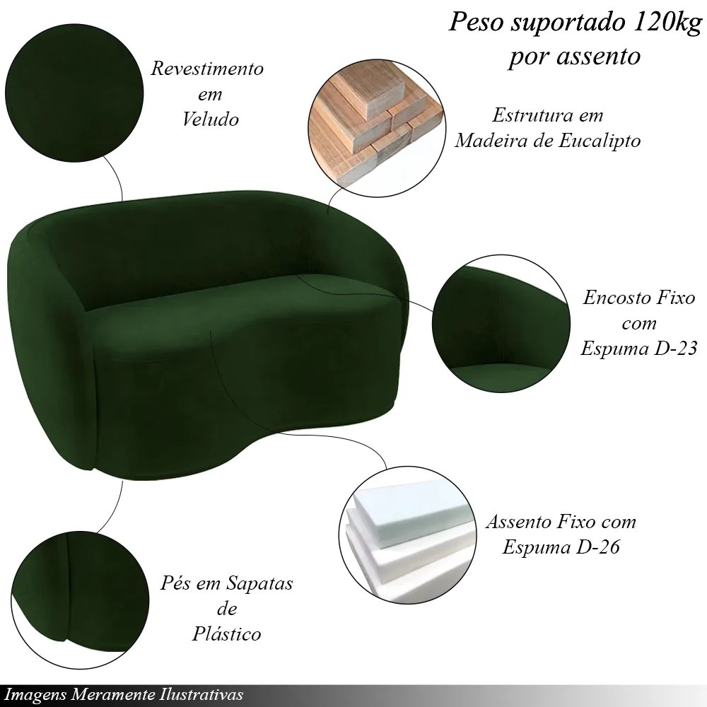 Sofá Living Decorativo 160cm 2 Lugares Íbis Encosto Fixo Veludo Verde G33 - Gran Belo