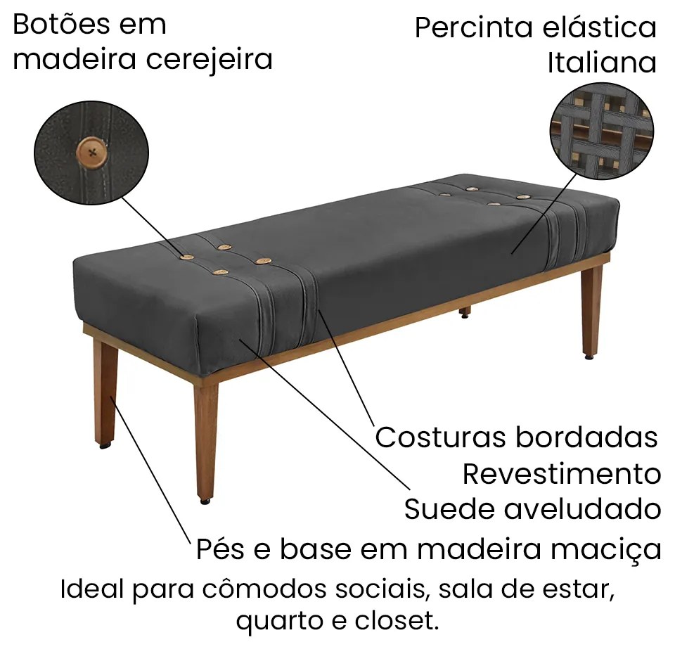 Divã Recamier Banco Base Madeira para Quarto Gênova 140cm Suede Cinza S04 - D'Rossi