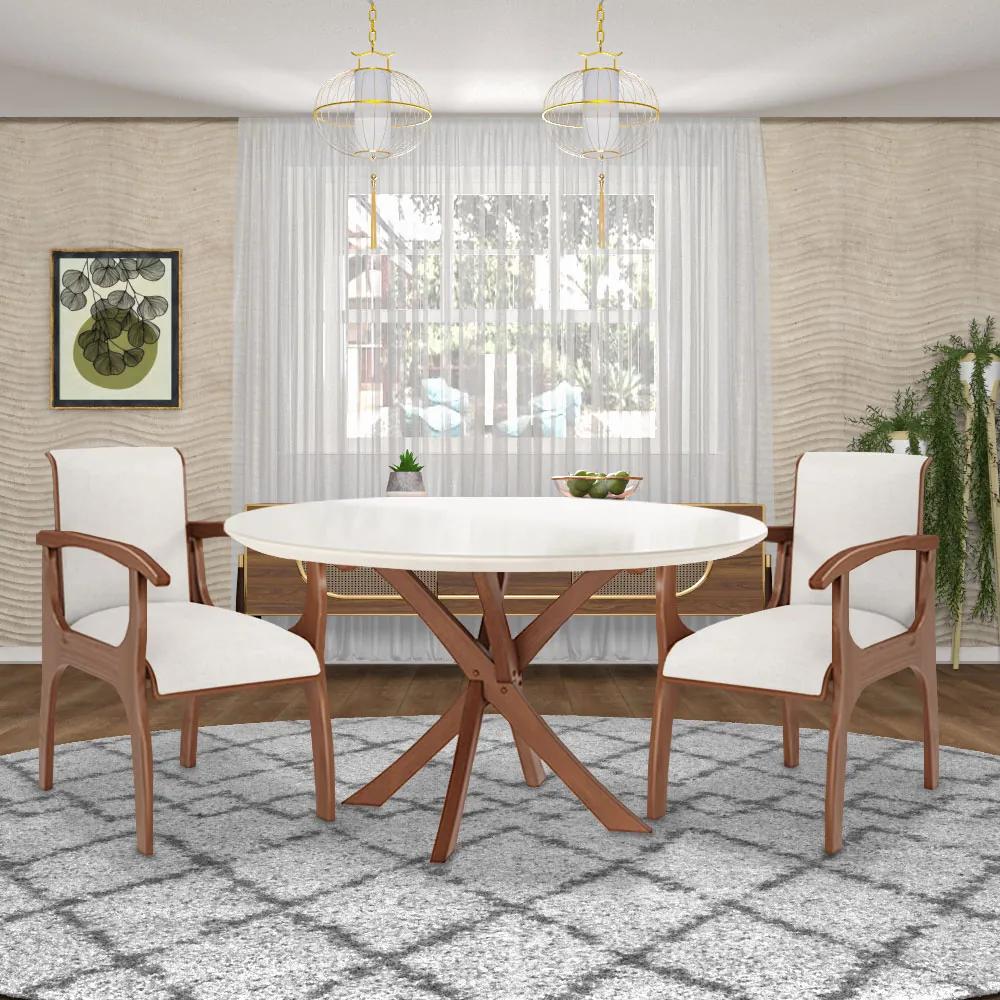 Cadeira Decorativa Sala de Jantar Madeira Maciça Pedri com Braço Linho Off White/Imbuia G42 - Gran Belo