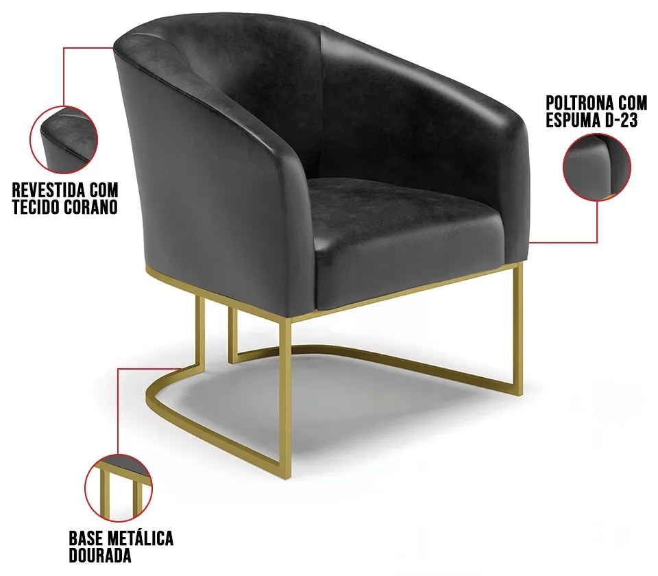 Cadeira Sala de Jantar Base Industrial Dourado Stella Sintético PU D03 - D'Rossi - Preto