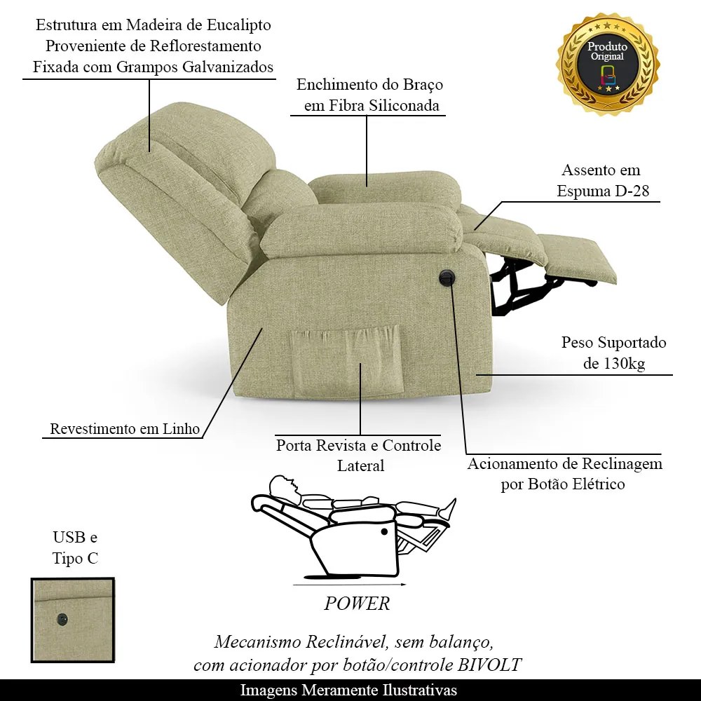 Poltrona do Papai Reclinável Melim Power Elétrica USB Linho  FH1 - D'Rossi - Bege