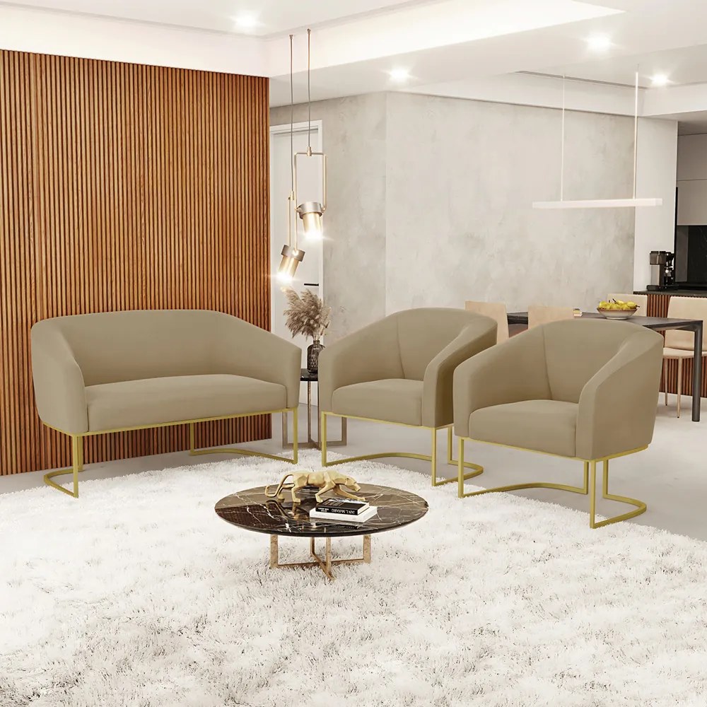 Namoradeira e 2 Poltronas Industrial Dourado Stella Suede Marrom R D03 - D'Rossi