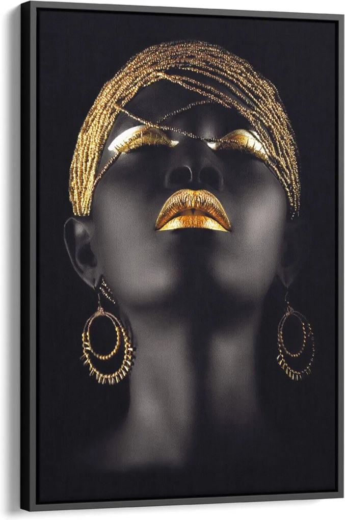 Quadro 75x50cm Mulher Negra Maquiagem Dourada Beltza Moldura Flutuante Filete Preta