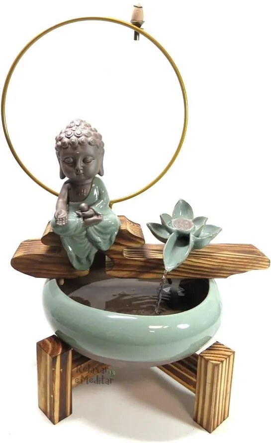 Fonte de Água com Cascata de Fumaça Buda e Flor de Lótus (45cm) - 220v