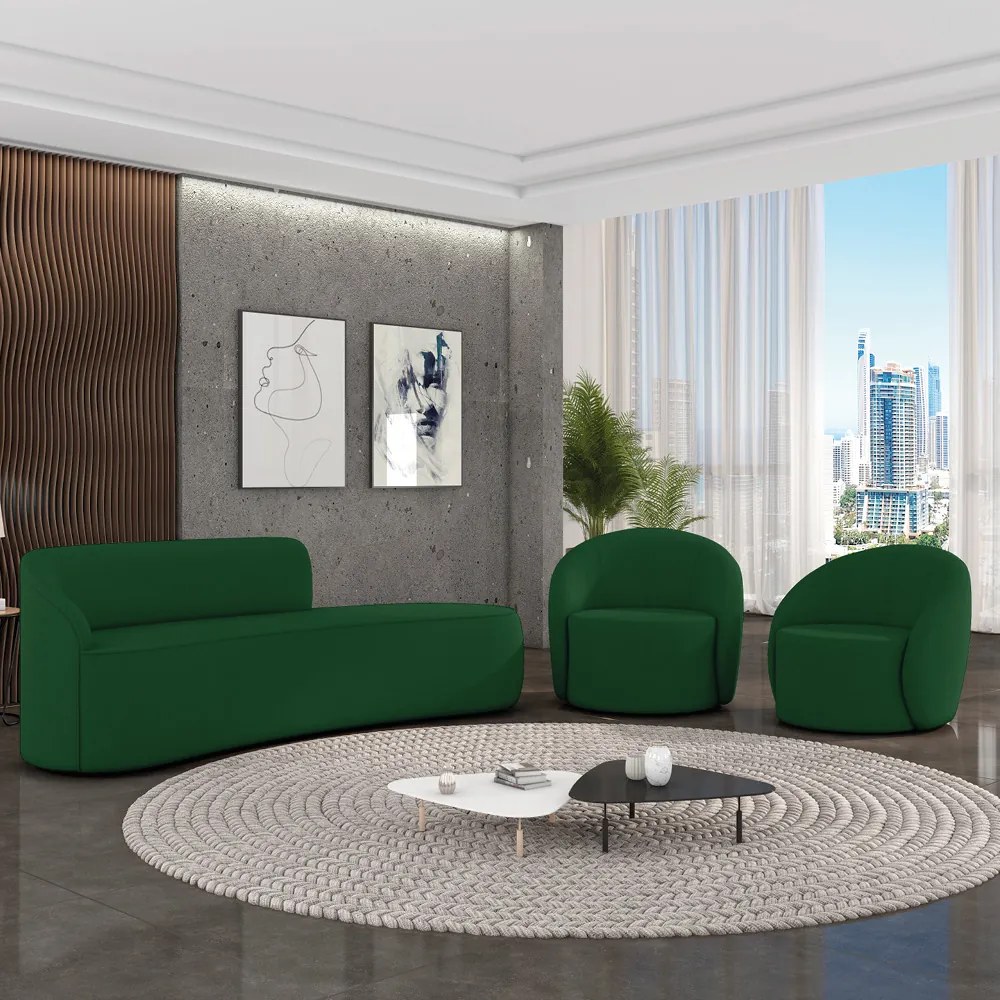 Sofá 4 Lugares Orgânico 220cm Morgan e 2 Poltronas Lua Suede Verde D03 - D'Rossi