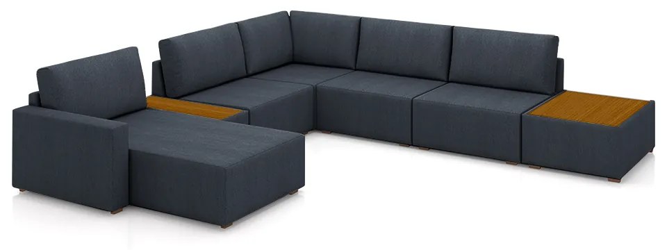 Sofá de Canto Decorativo Sala de Estar 603cm Modulado Takashi com Chaise e Puffs Linho Grafite G45 - Gran Belo