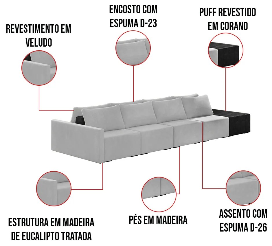 Sofá Ilha 4 Lugares Living 392cm Modulado Sala Lary Veludo Cinza/PU Pto K01 - D'Rossi