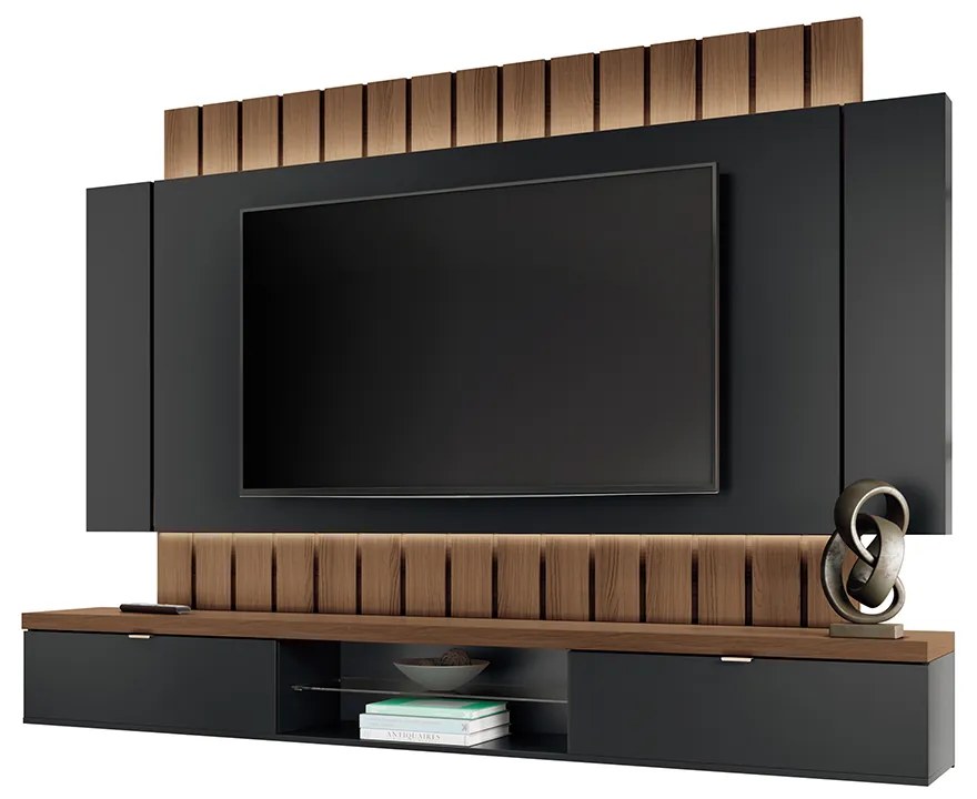 Painel Home Suspenso 2.2 para TV até 70" com Fita LED MDP/MDF Shawn Preto/Castanho G26 - Gran Belo