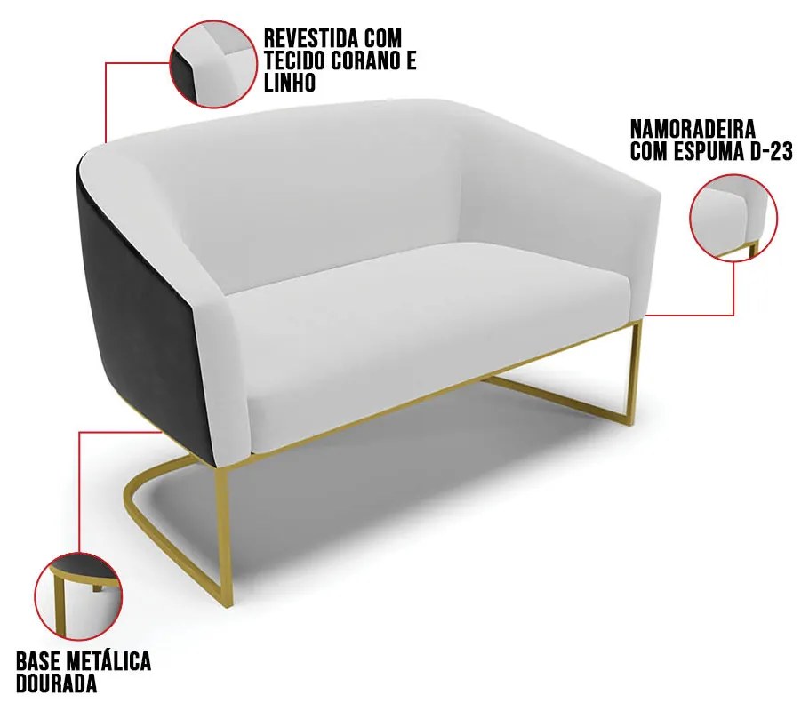 Namoradeira 2 Poltronas Industrial Dourado Stella Pto/Linho D03 - D'Rossi - Cinza