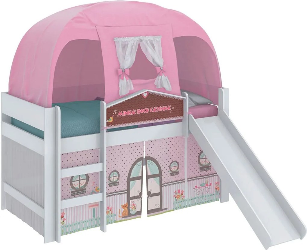 Cama Minha Doce Casinha Play C/Esc e Barraca Branco-Acetinado Pura Magia