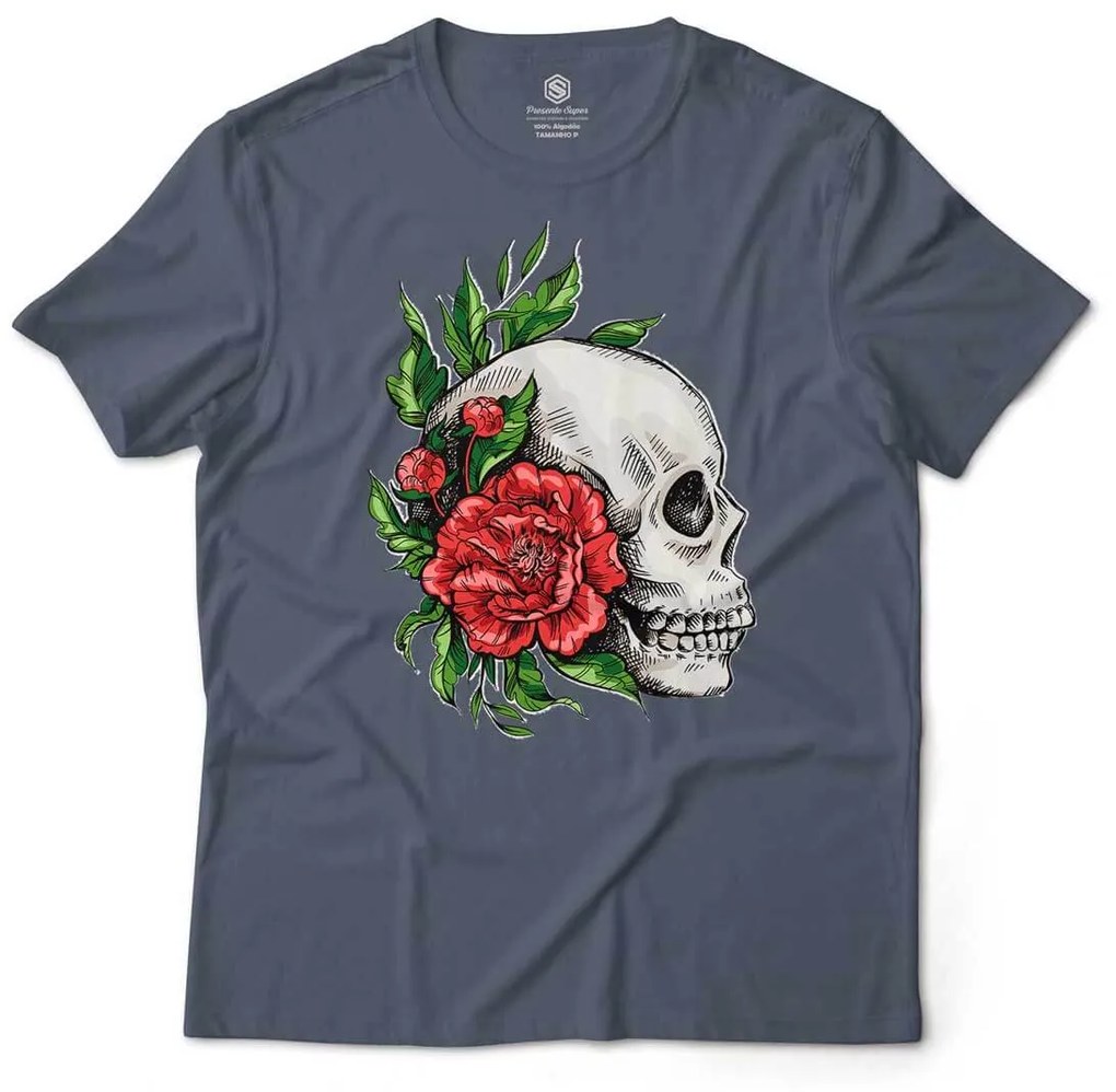 Camiseta Unissex Caveira e Rosas Vermelhas - Cinza Chumbo - M