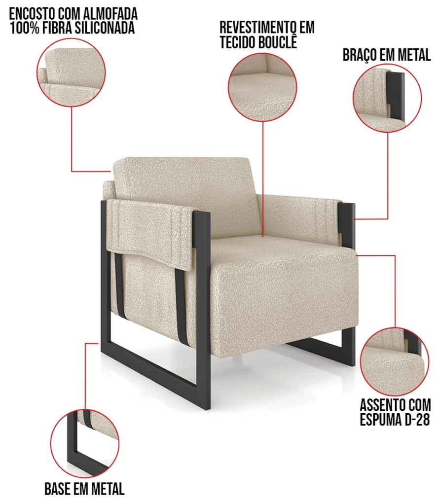 Poltrona Decorativa Base Industrial Rory Bouclê Creme K01 - D'Rossi