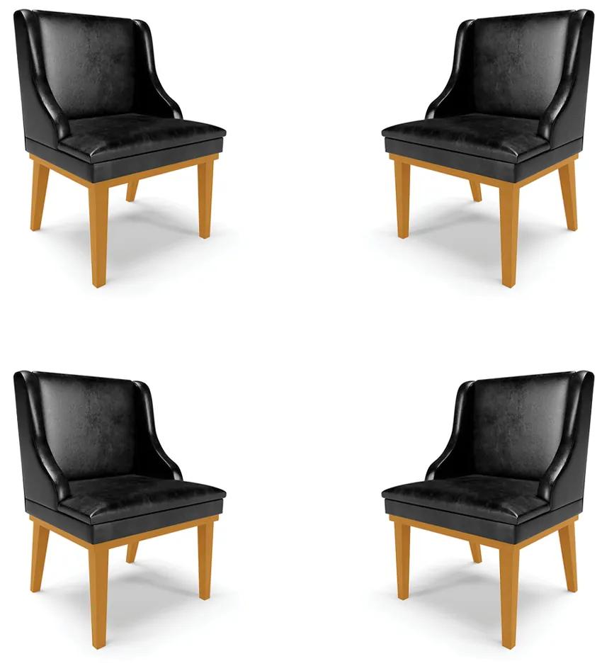 Kit 4 Cadeiras Decorativas Sala de Jantar Base Fixa de Madeira Firenze PU Preto Brilho/Castanho G19 - Gran Belo