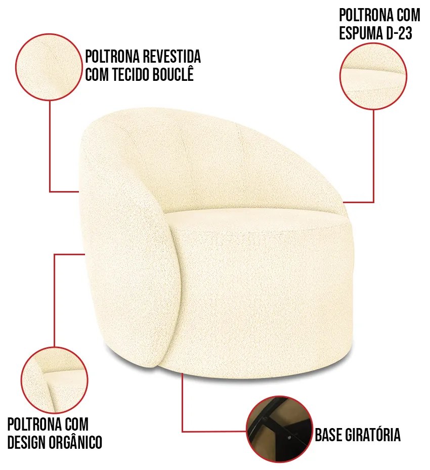 Poltrona Decorativa Orgânica Giratória Lua Bouclê D03 - D'Rossi - Bege