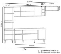 Armário de Cozinha Modulada 5 Peças CP16 Balcão Branco/Preto - Lumil