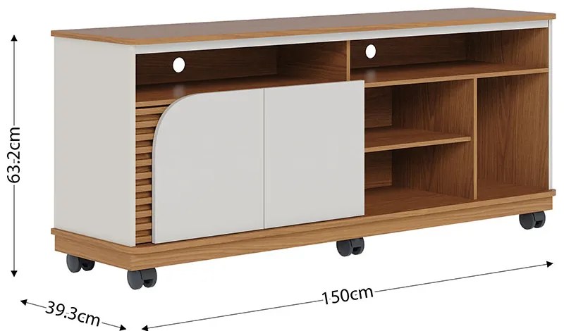 Bancada Tv de 65'' 2 Portas Ewa e Rodízio 150cm C04 - D'Rossi - Freijó e Off White
