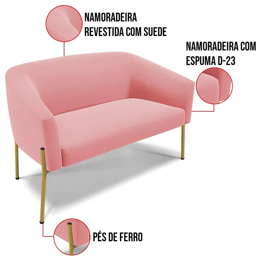 Sofá 2 Lugares Namoradeira Pé de Ferro Dourado Stella Suede D03 - D'Rossi - Rose