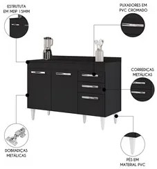 Balcão Gabinete Para Pia 120cm 3 Portas com Tampo Suécia Preto - Lumil