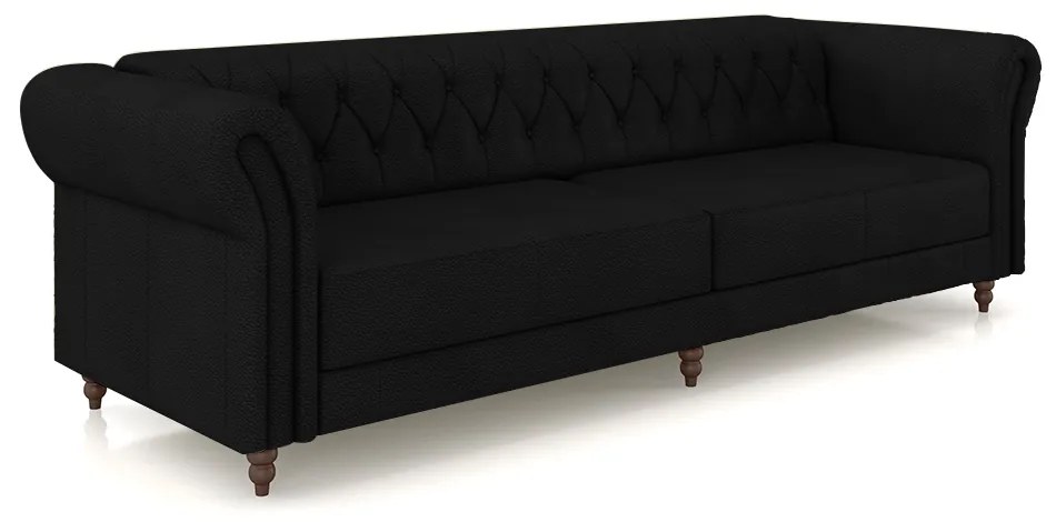 Sofá Living Sala de Estar Stanford Chesterfield 3 Lugares 260cm Pés de Madeira Couro Preto G58 - Gran Belo