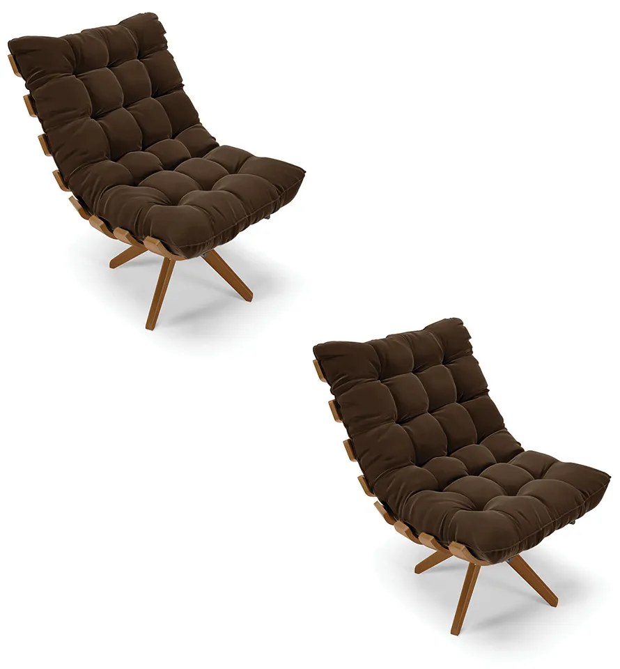 Poltrona Giratoria Costela Kit 2 Suede Marrom Base de Madeira MA30 M11 - D'Rossi