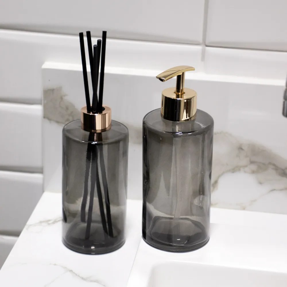 Kit Difusor e Porta Sabonete Liquido de Vidro Preto - Indo Decorar