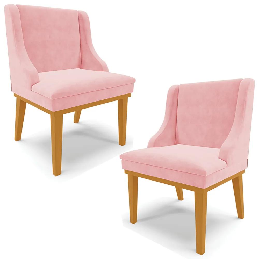 Kit 2 Cadeiras Decorativas Sala de Jantar Base Fixa de Madeira Firenze Suede Rosa Bebê/Castanho G19 - Gran Belo