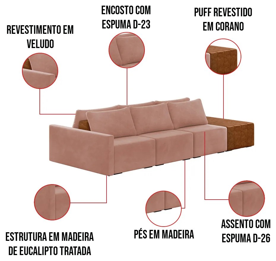 Sofá Ilha 3 Lugares Living 372cm Modulado para Sala Lary Veludo K01 - D'Rossi - Rose