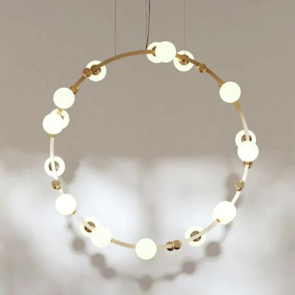 Pendente Aliança Vertical Ø100X24Cm 25Xg9 Globo 10Cm - Usina 90005/25 (CP-M / DR-P - Champanhe Metálico / Dourado Brilho Polido, Ambar)