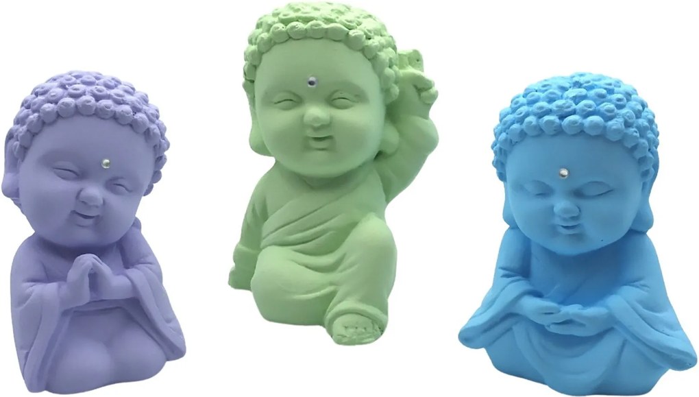 Trio Buda Baby com Cristal (9cm) Azul Bebê, Lilás Bebê, Verde Bebê - Azul Celeste